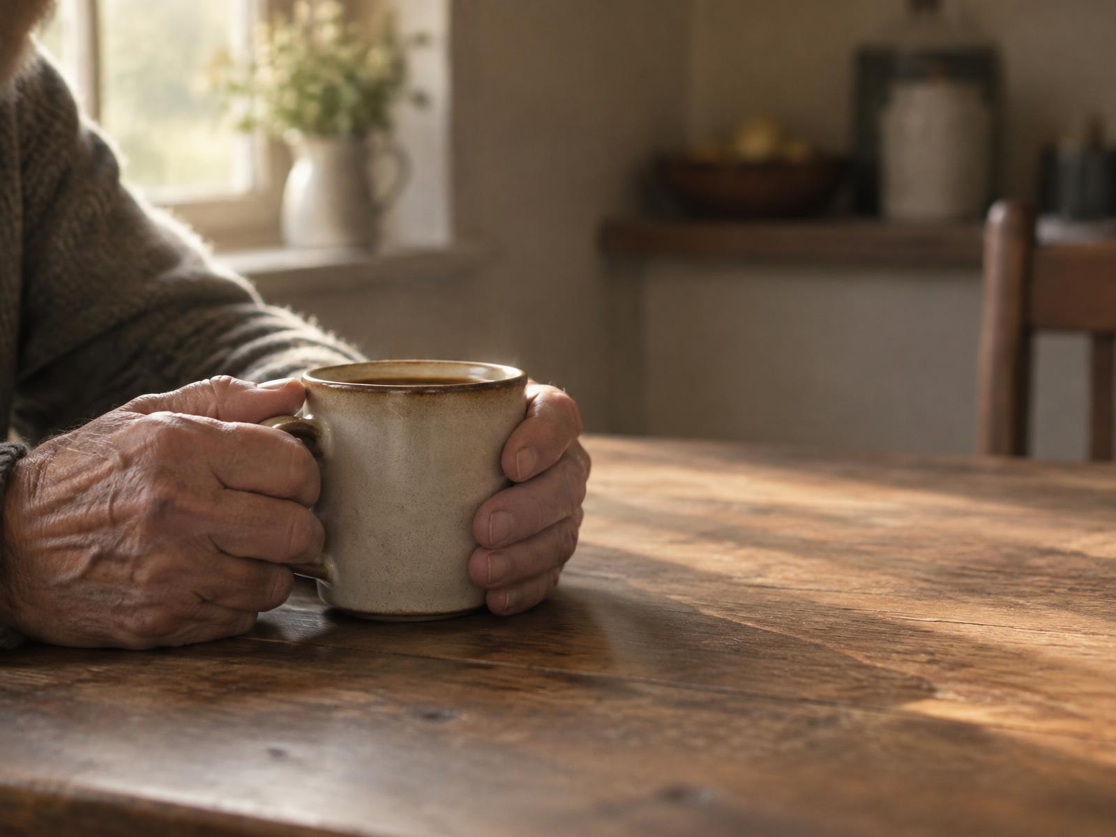 En äldre mans händer runt en kopp i varmt fönsterljus
