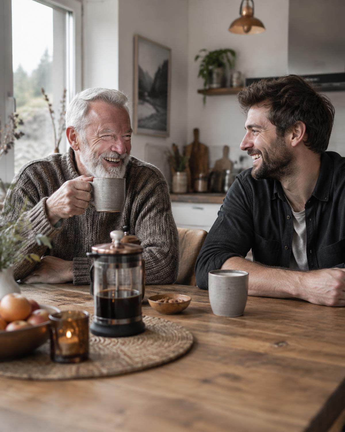 Två män i ett varmt samtal över kaffe vid ett köksbord i mjukt dagsljus